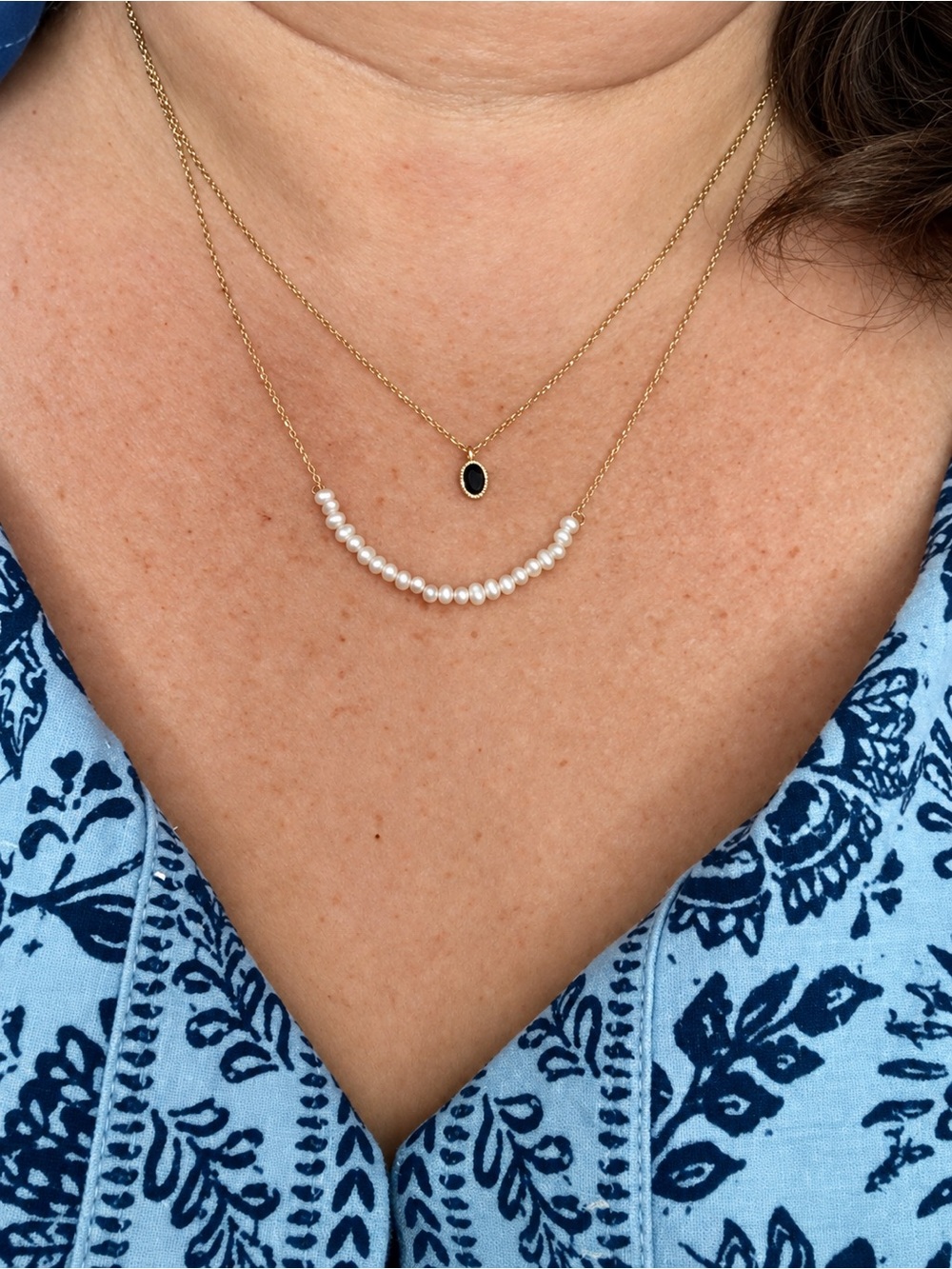 Jennie Kwon Gold Pear Arc Necklace - White Pearls and 14K gold chain.
